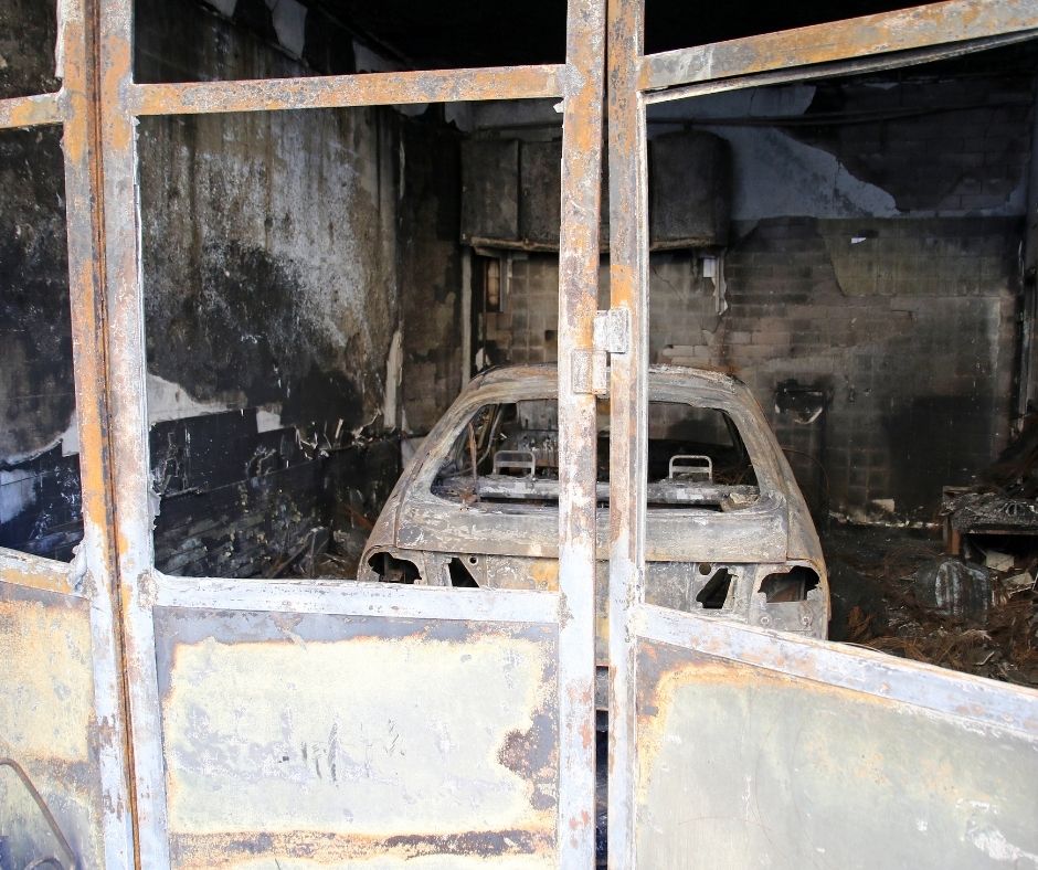 fire damage restoration Poway SD - example of a burned garage